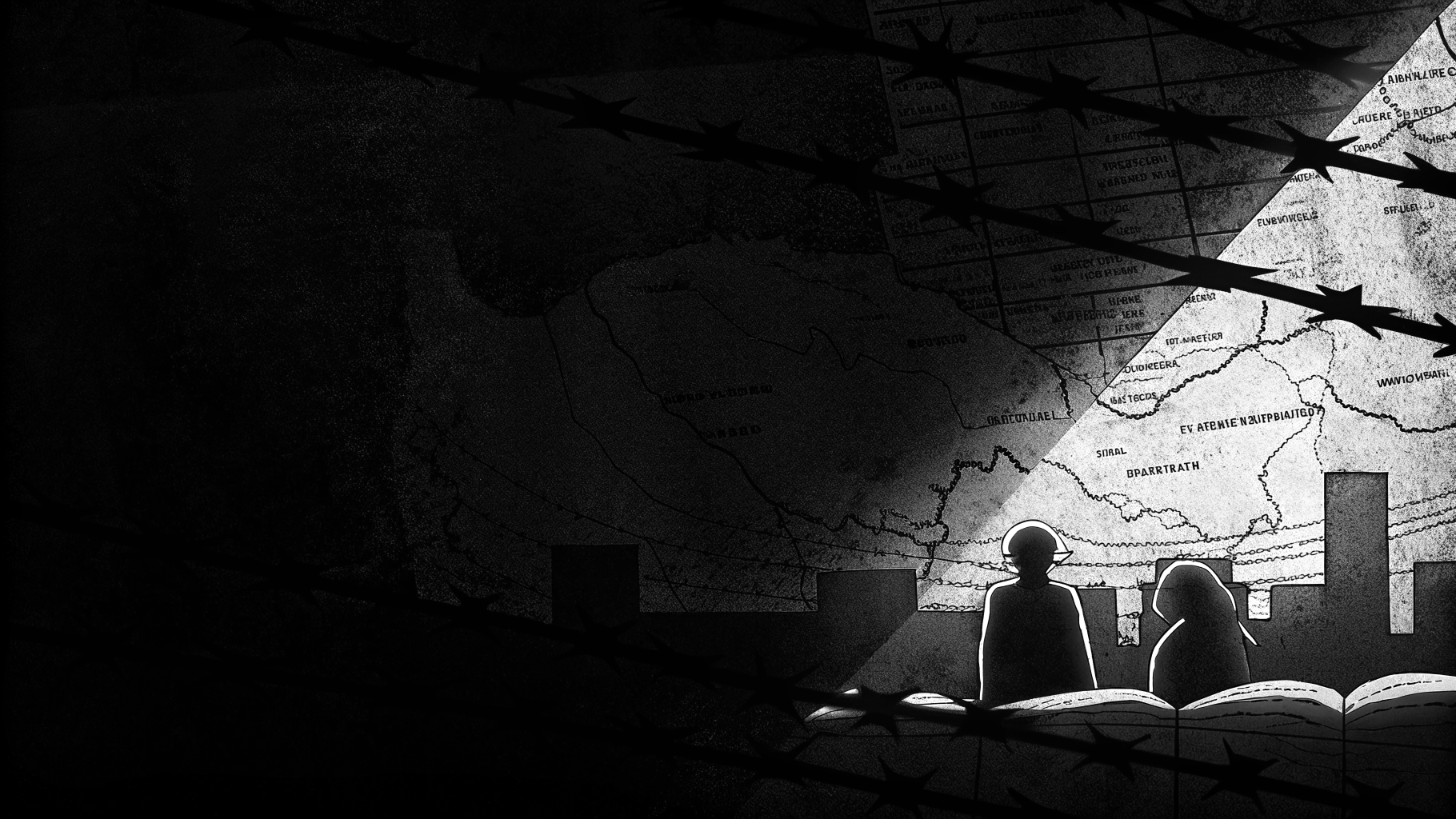Illustration abstraite d’un débat sur la mémoire coloniale en Corée du Sud avec archives et ombres urbaines
