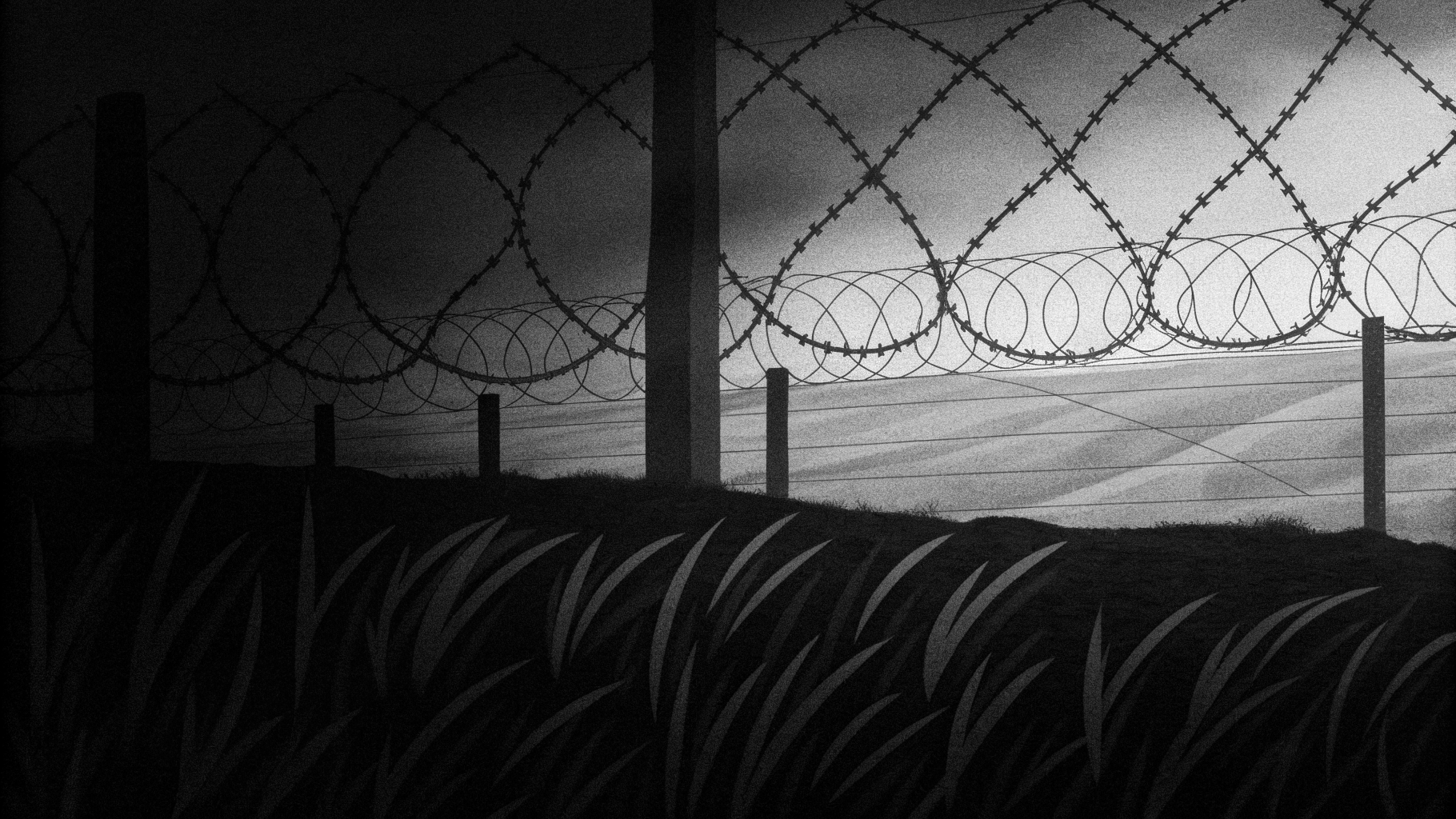 Illustration abstraite d’une frontière militarisée dans le Caucase, avec barbelés et paysage montagnard sobre