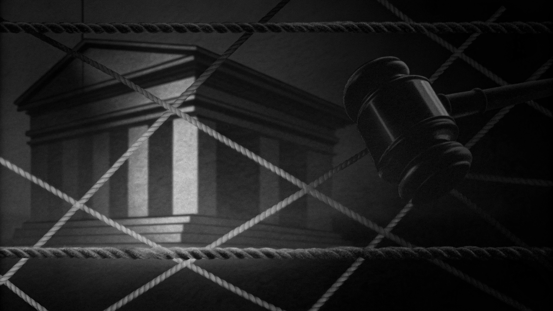 Illustration abstraite d’un tribunal et d’une tour de diffusion symbolisant un conflit entre justice et influence médiatique