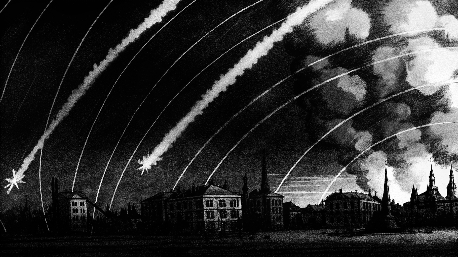 Illustration abstraite d’une ville ukrainienne frappée de nuit, avec fumée, trajectoires de missiles et silhouettes d’infrastructures touchées.
