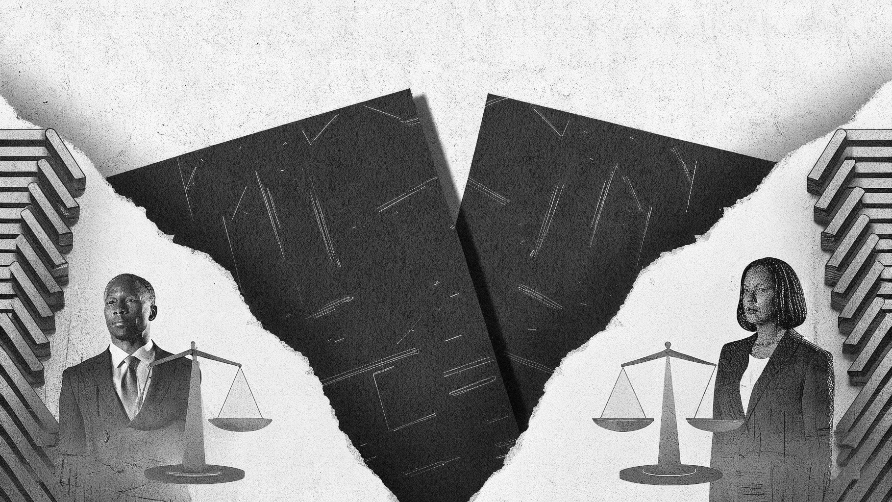 Illustration abstraite de dossiers judiciaires et d’une enquête sur fond sobre, symbolisant les failles du traitement des violences sur mineurs