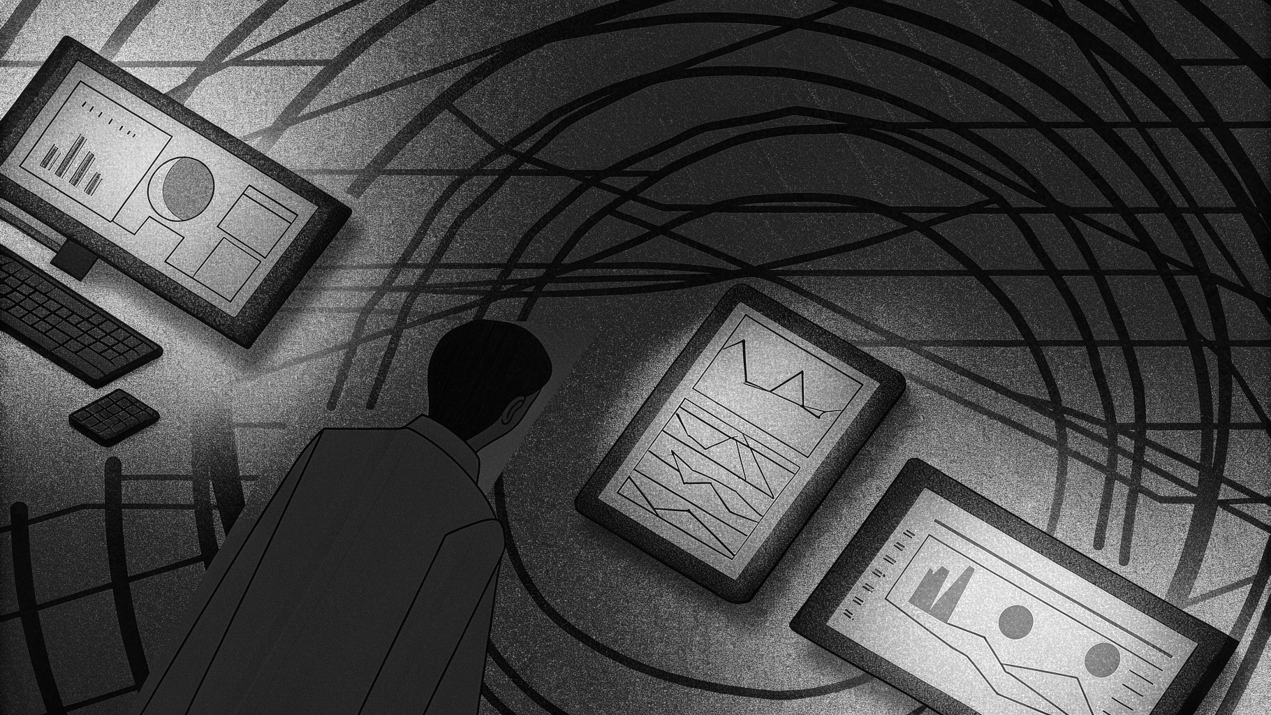 Illustration abstraite d’un examen universitaire surveillé par des outils numériques, avec des indices de contrôle et de suspicion