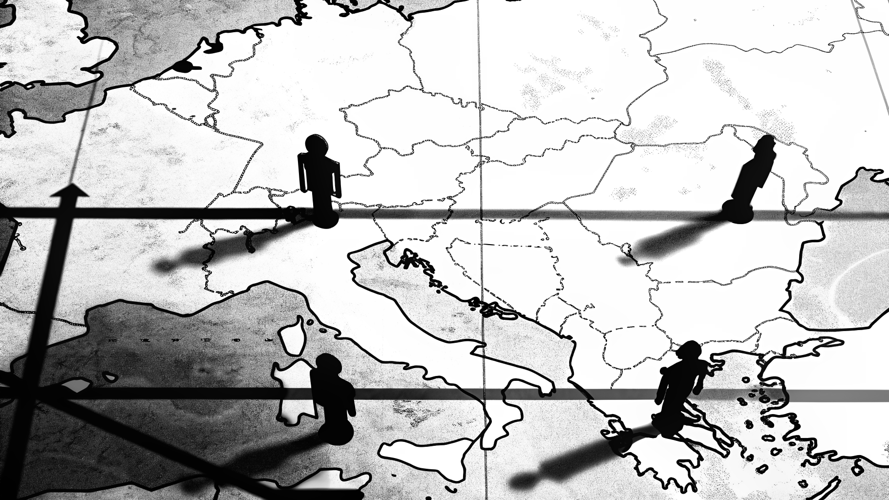 Illustration abstraite d’une carte d’Europe fragmentée avec des flèches et des frontières symbolisant l’exclusion politique