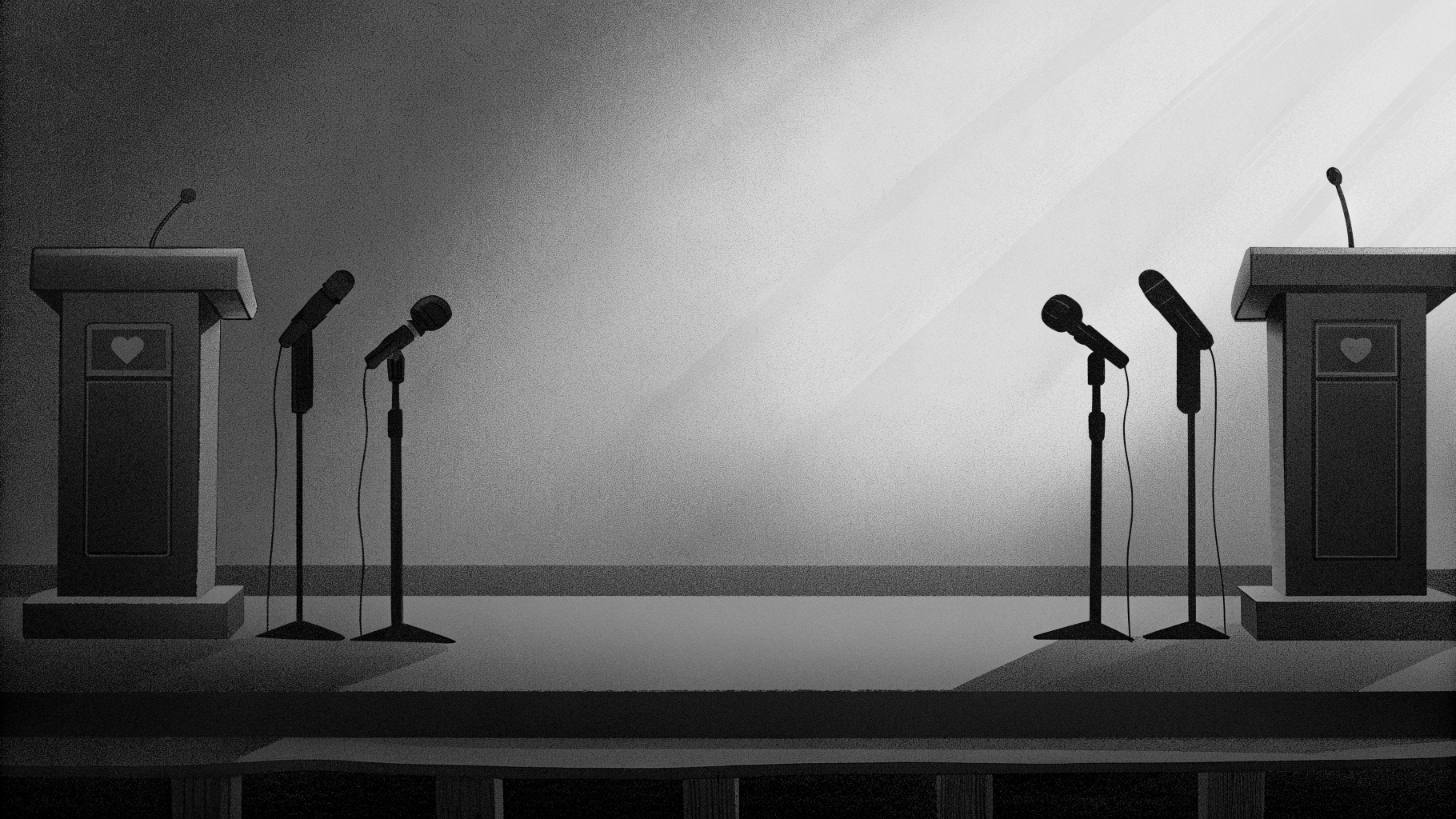 Illustration abstraite d’une scène de campagne électorale avec microphones et motifs numériques en arrière-plan