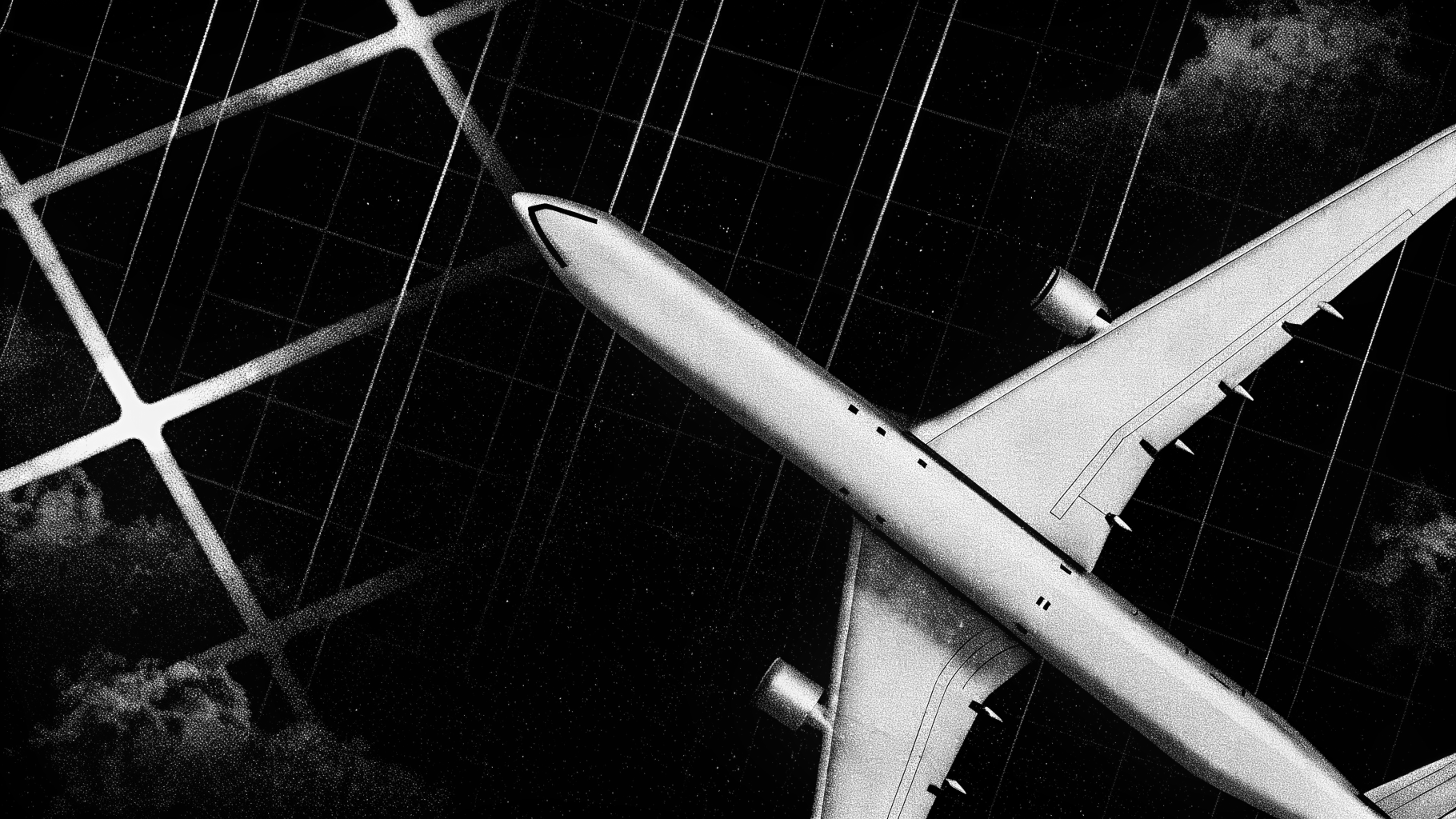 Illustration abstraite d’un avion commercial face à une grille de marché carbone et des lignes évoquant le réchauffement climatique