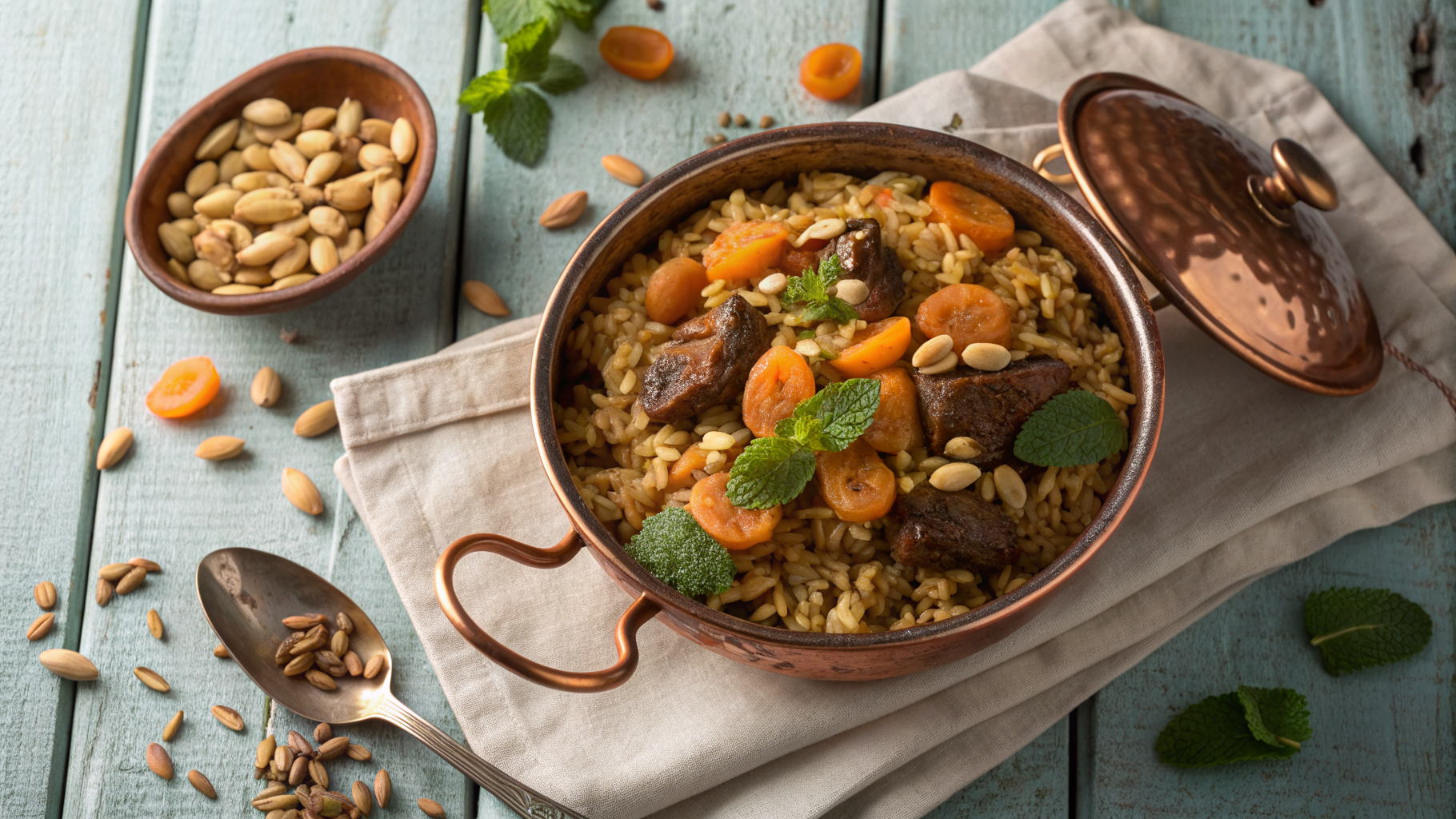 A steaming pot of Turkish lamb pilau garnished with pine nuts, apricots, and mint on a wooden table.