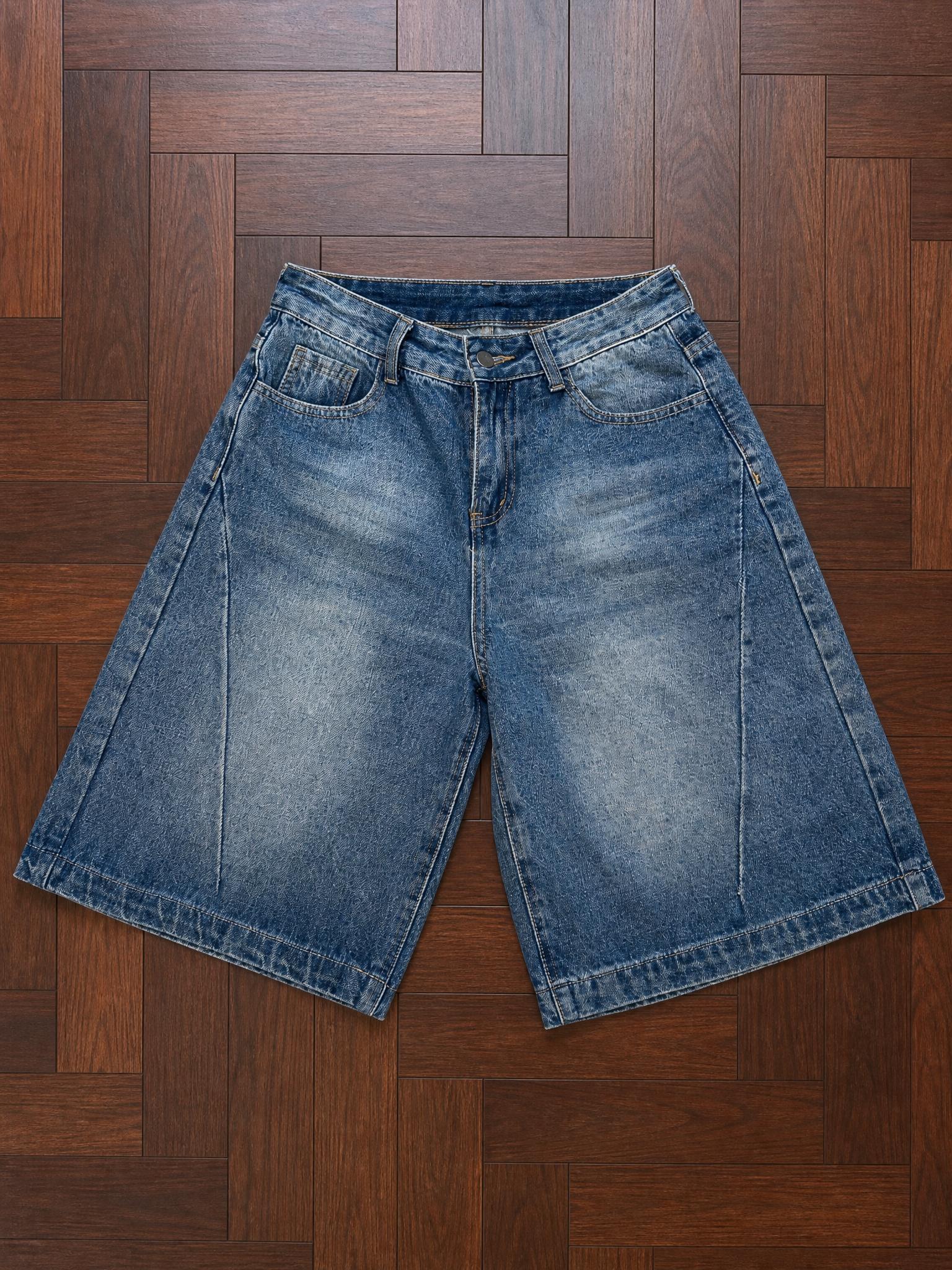 Wide-Leg Denim Bermuda Shorts Dark Blue Stonewashed