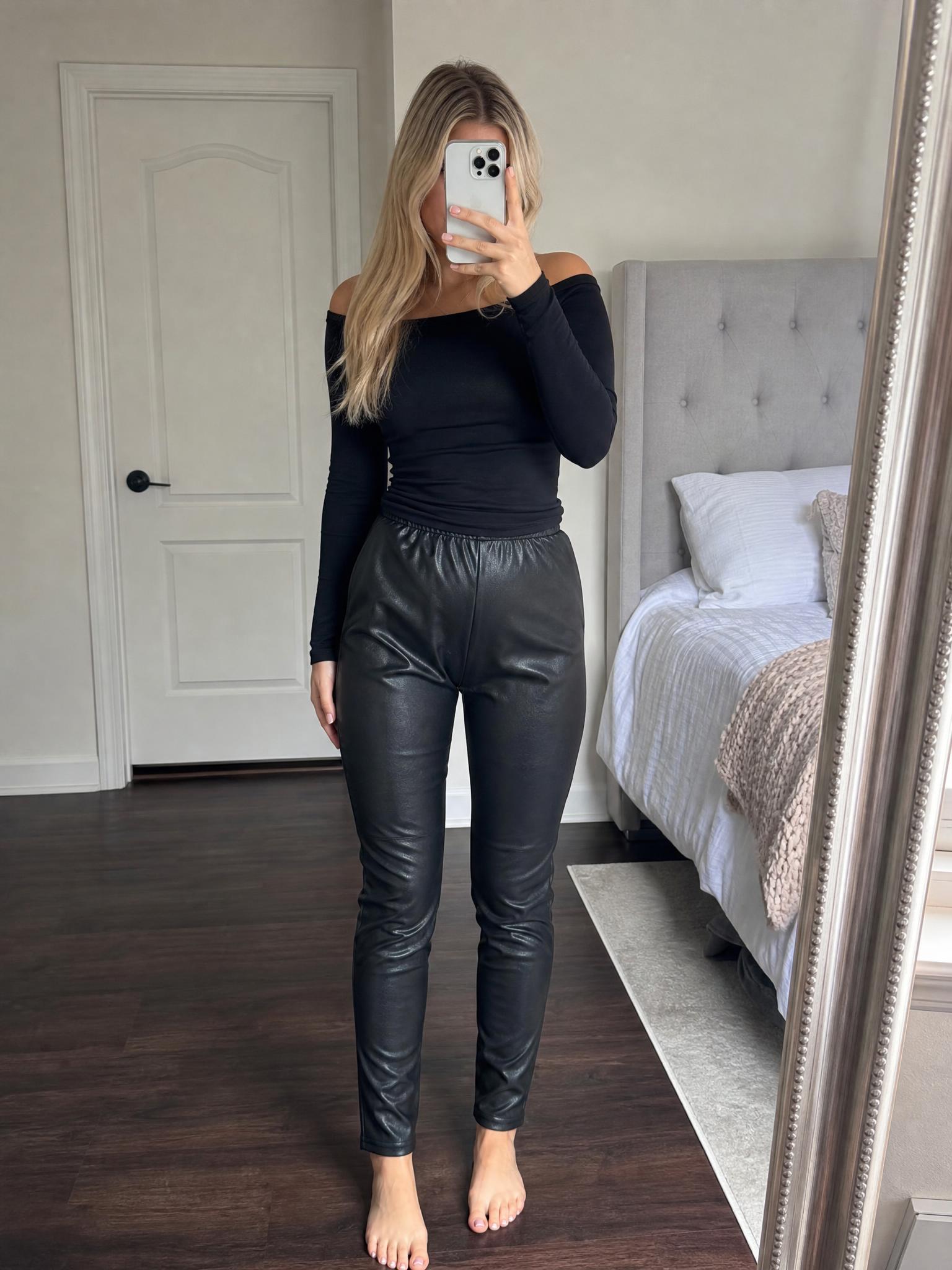 Black Faux Leather Trousers Slim Straight Leg Very Good