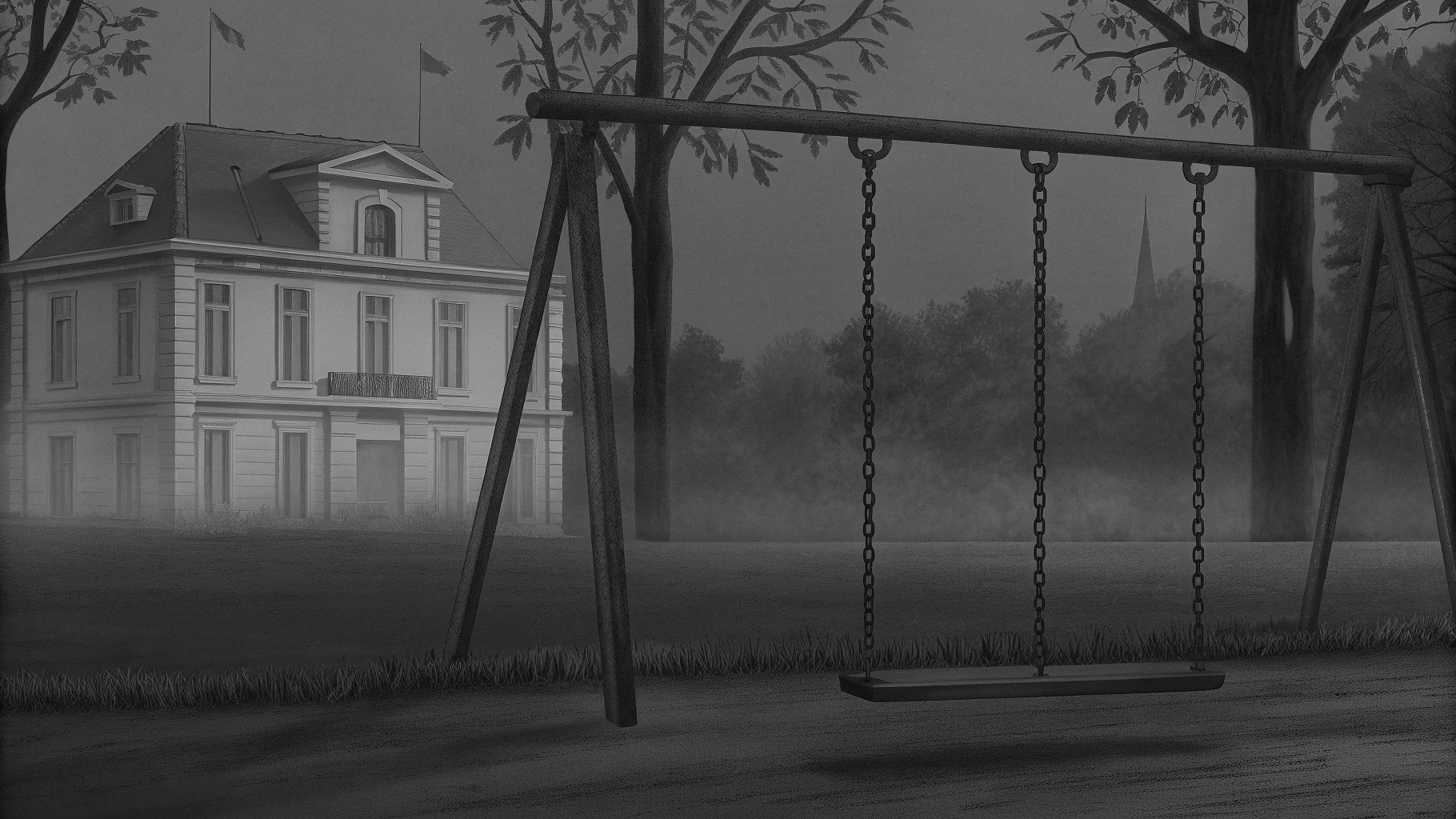 Illustration abstraite d’une crise institutionnelle autour de la protection des enfants, avec des tons sobres et des symboles de défaillance administrative.