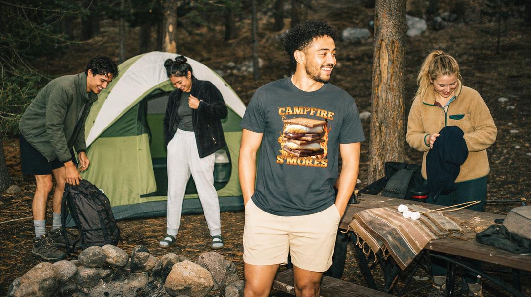Camping outfit on trail and campfire surrounded by trees