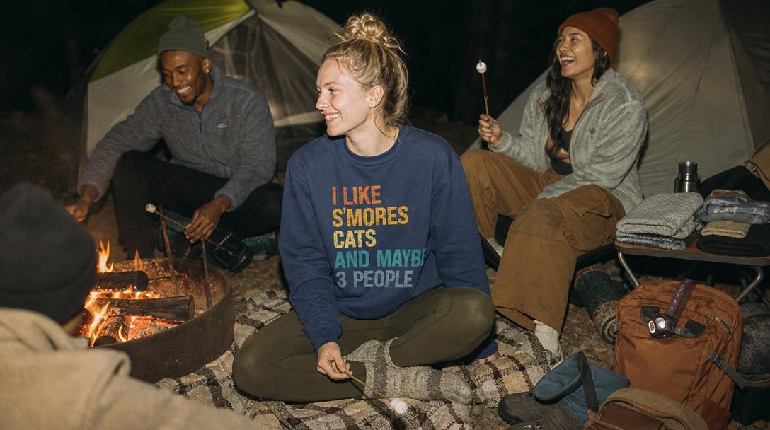 Campers dressed for a variety of camping activities including hiking and campfire