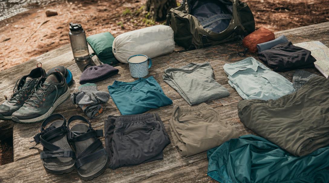 Cute casual camping outfits on model outdoors