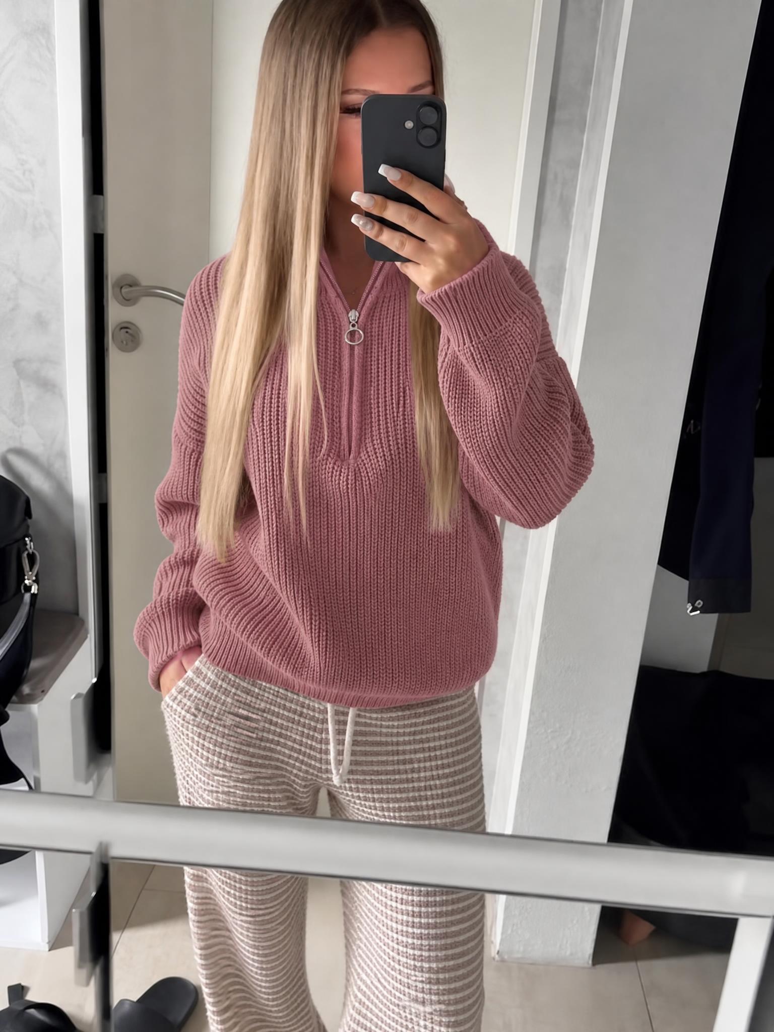 Dusty Rose Ribbed Half-Zip Knit Jumper