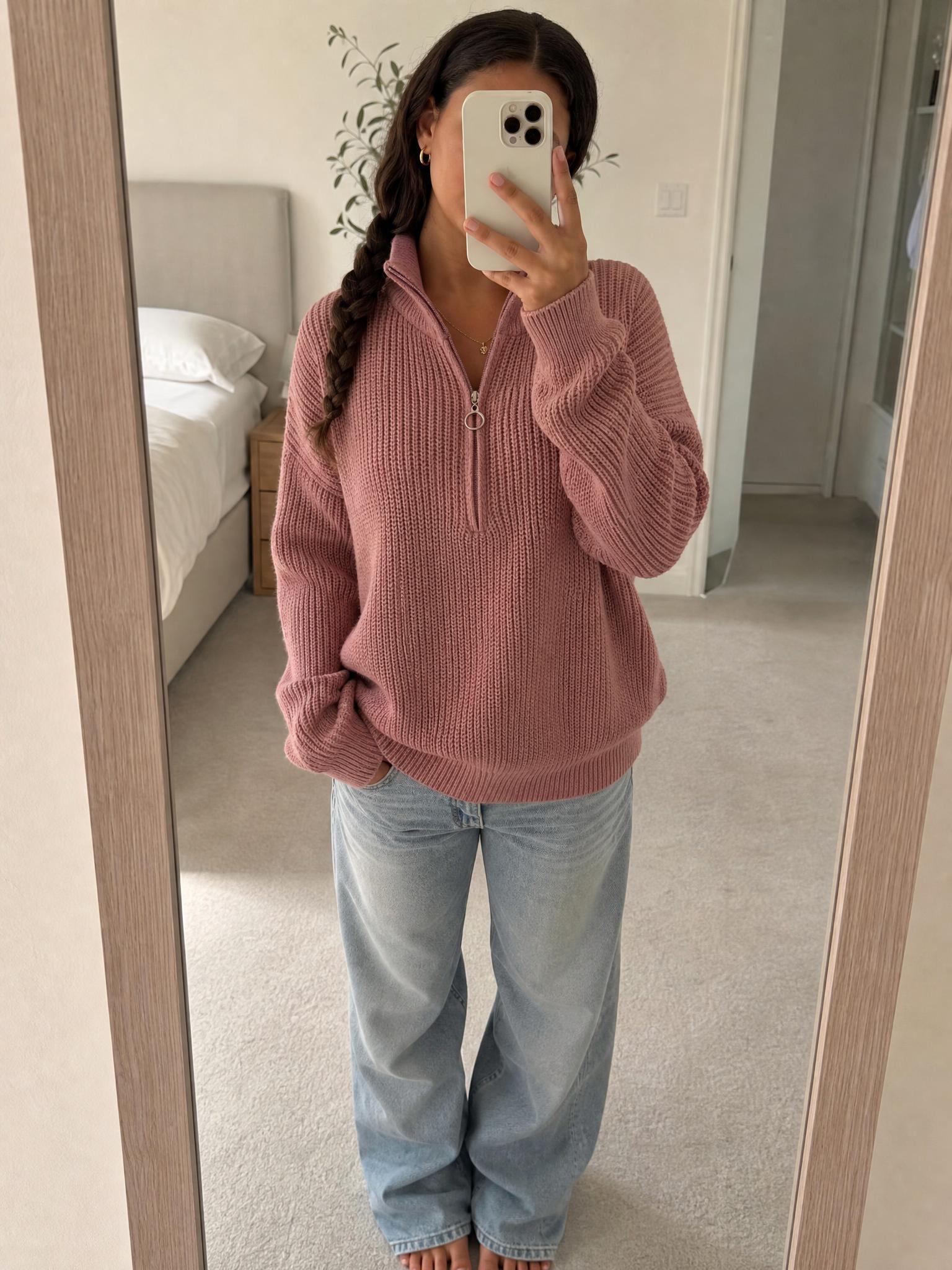 Dusty Pink Ribbed Half-Zip Jumper – Relaxed Fit
