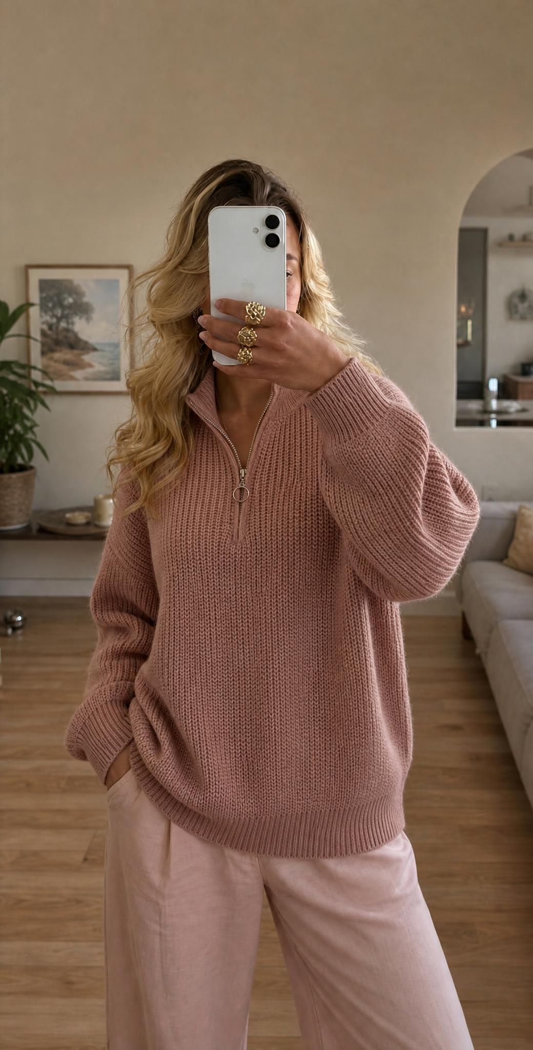 Dusty Pink Quarter-Zip Waffle Knit Jumper – Oversized Fit