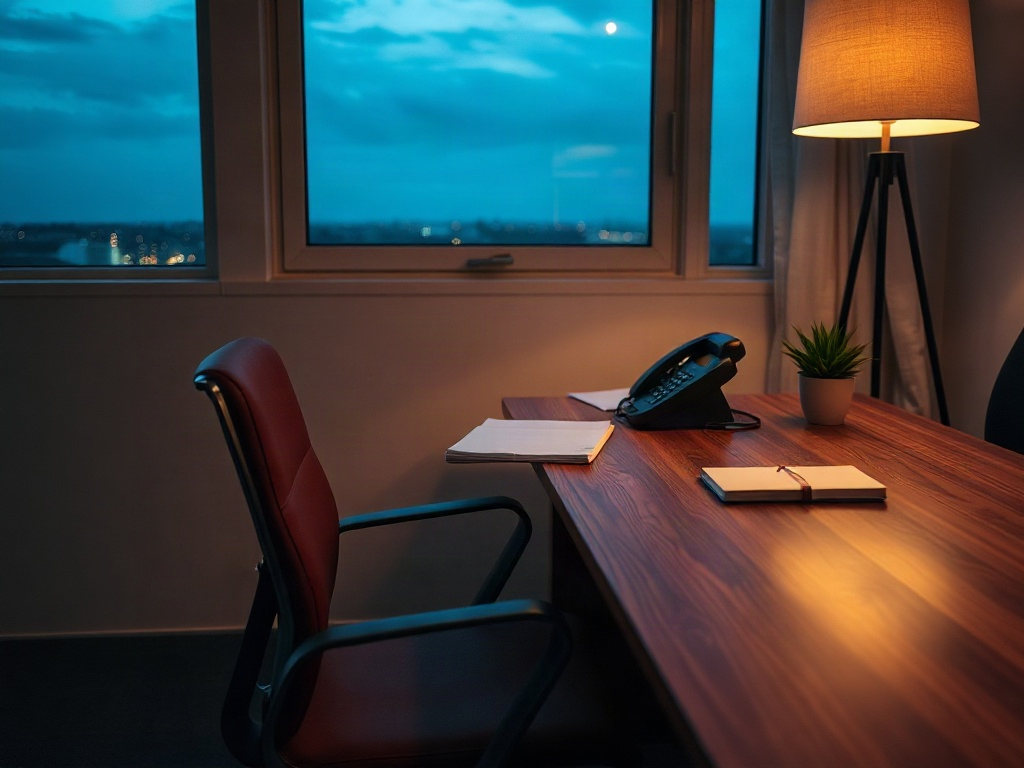 An empty small-business office after hours, a desk phone resting in its cradle under a warm lamp, subject-only composition with no text, no lettering, and no logos