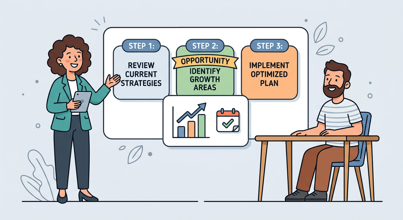 Playful flat cartoon illustration of an agency consultant presenting a simple three-step audit summary to a business owner...