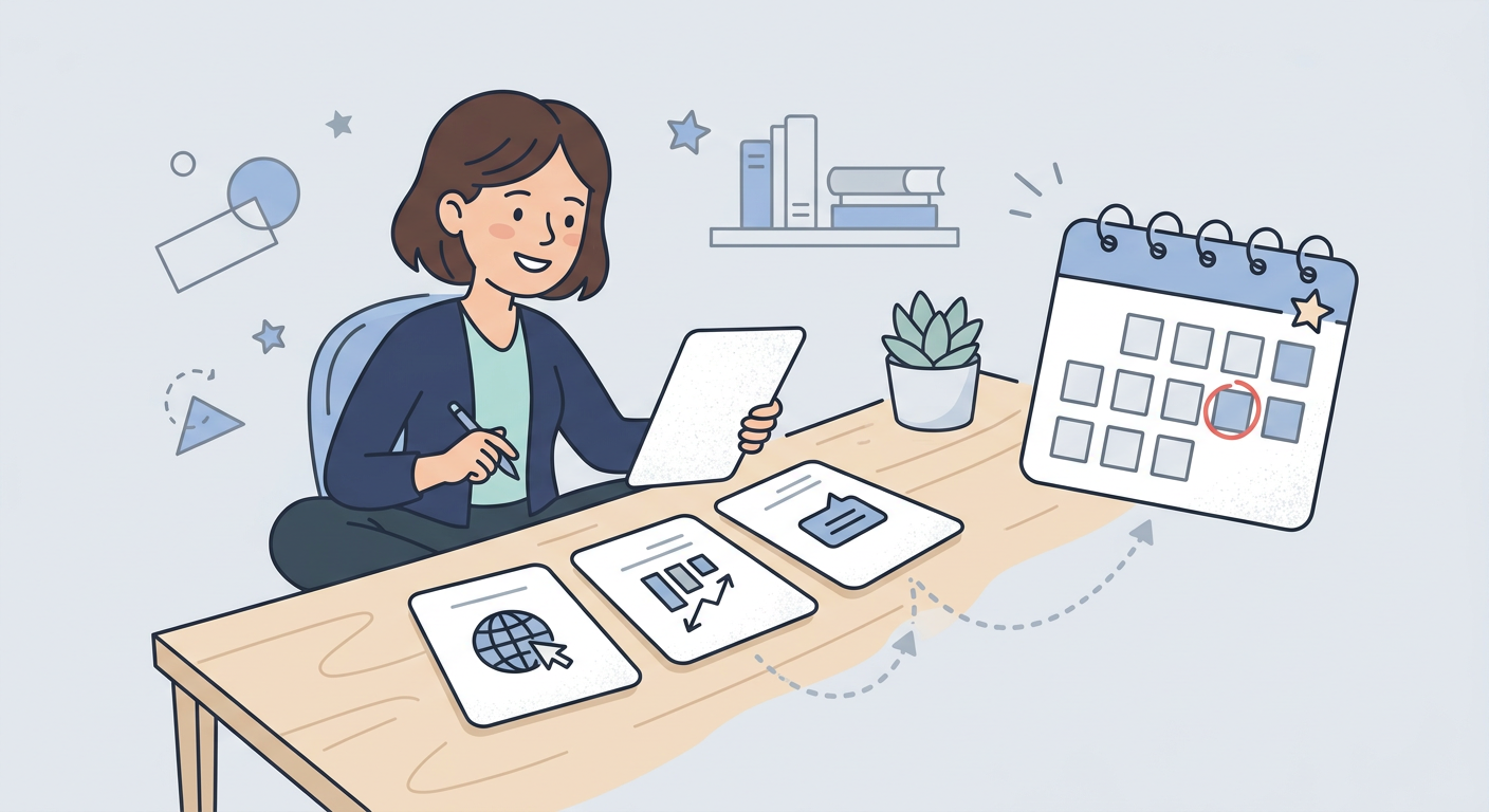 Playful flat cartoon illustration of a friendly agency strategist reviewing three prospect cards, each with simple icons f...