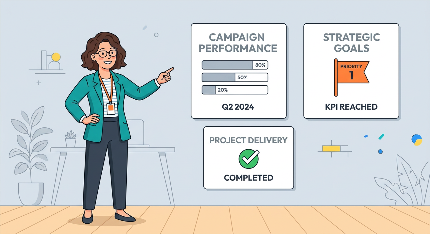 Playful flat cartoon illustration of one friendly agency consultant pointing to three large white report cards labeled wit...