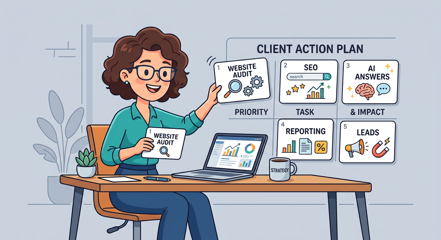 Playful flat cartoon illustration of one agency consultant sorting five simple audit cards into a clear client action plan...