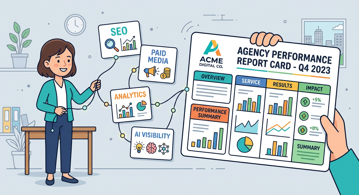 Playful flat cartoon illustration of an agency account manager connecting several small white cards for SEO, paid media, a...