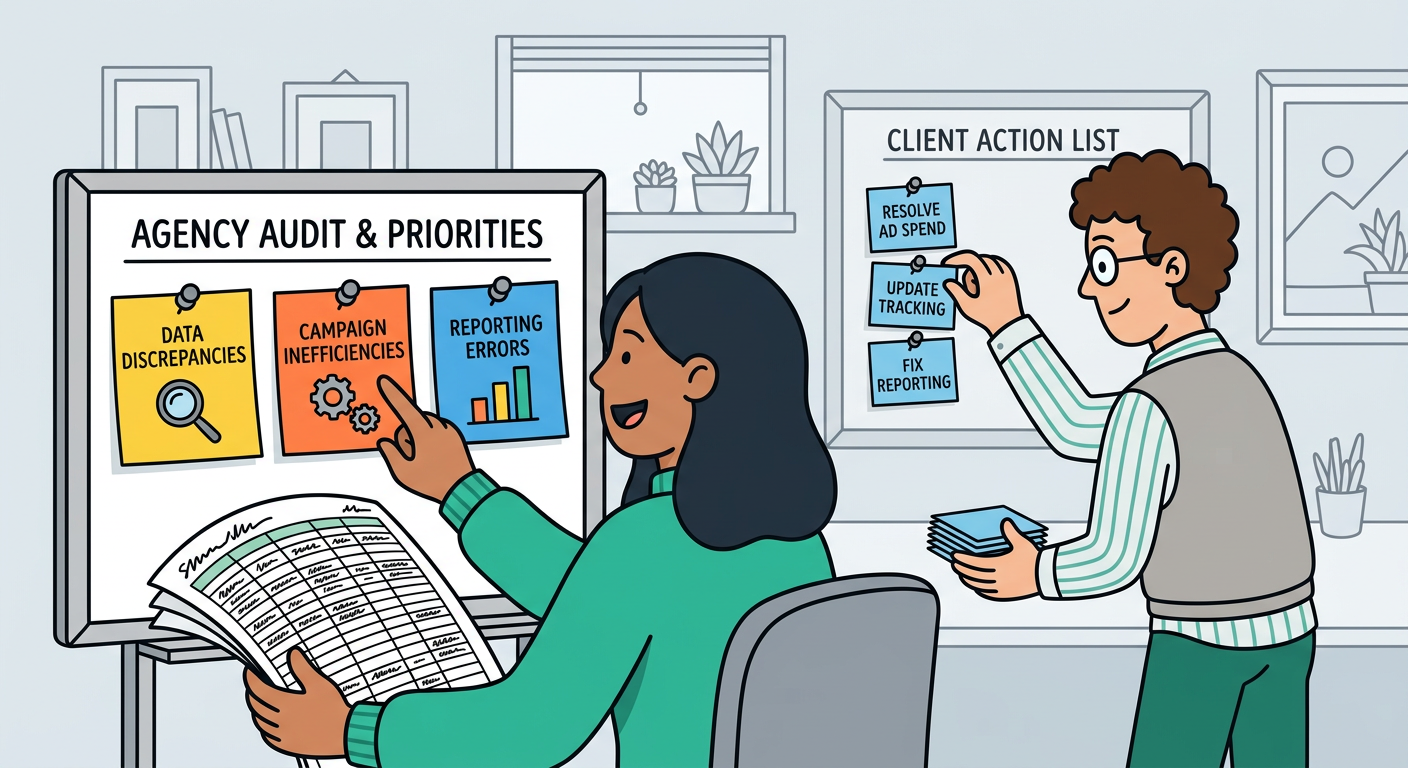 Playful flat cartoon illustration of two agency teammates comparing messy spreadsheet pages with a clean prioritized audit...