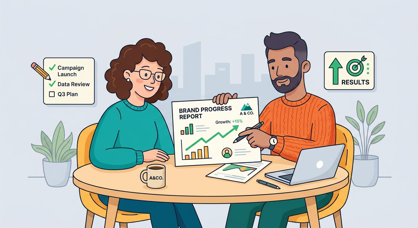 Playful flat cartoon illustration of a relaxed client and agency strategist reviewing one simple branded report together, ...