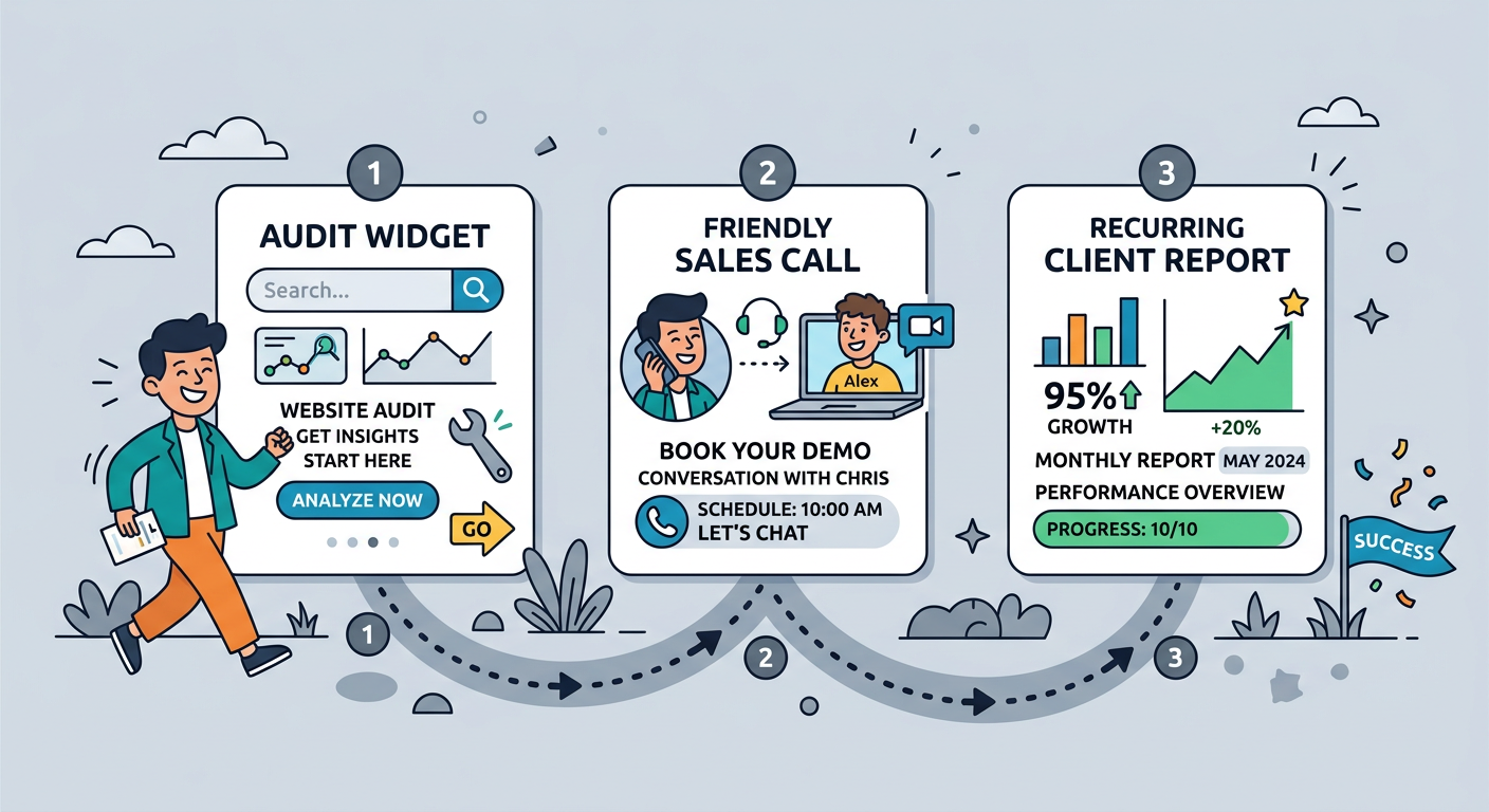 Playful flat cartoon illustration showing a simple three-step path from audit widget to friendly sales call to recurring c...