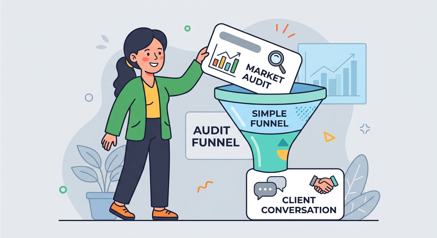 Playful flat cartoon illustration of a friendly marketer placing a branded audit card into a simple funnel that leads to a...
