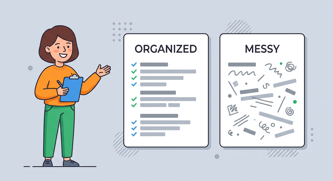 Playful flat cartoon illustration of one friendly person holding a clipboard beside two white content cards, one organized...