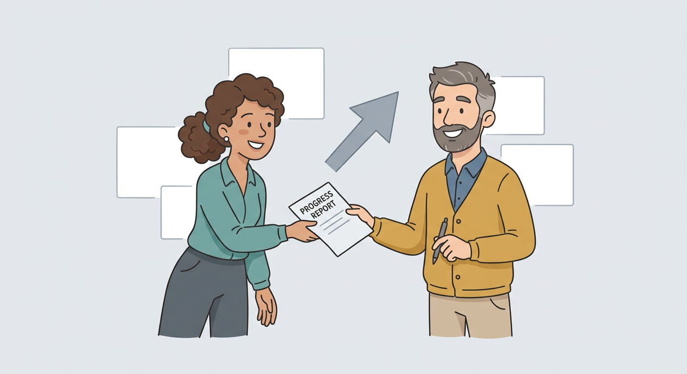 Playful flat cartoon illustration of an agency team member handing a simple progress report to a smiling small-business ow...