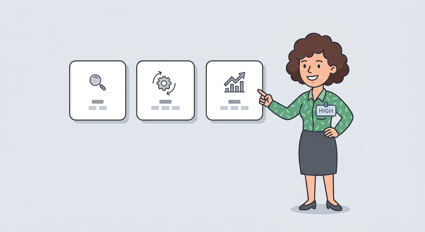 Playful flat cartoon illustration showing one agency consultant pointing to three simple white UI cards labeled only with ...