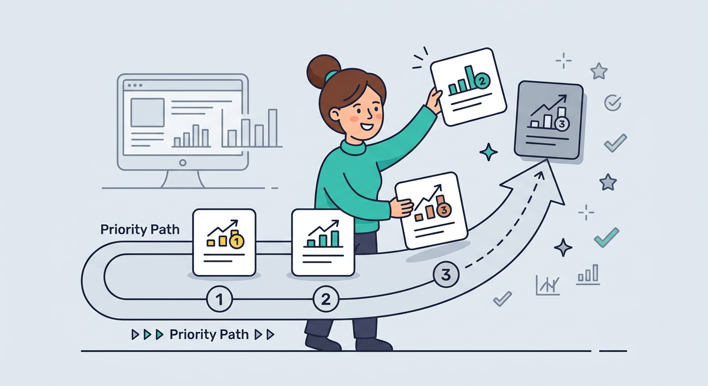 Playful flat cartoon illustration of a website owner placing three simple white ranking cards into a clear priority path, ...