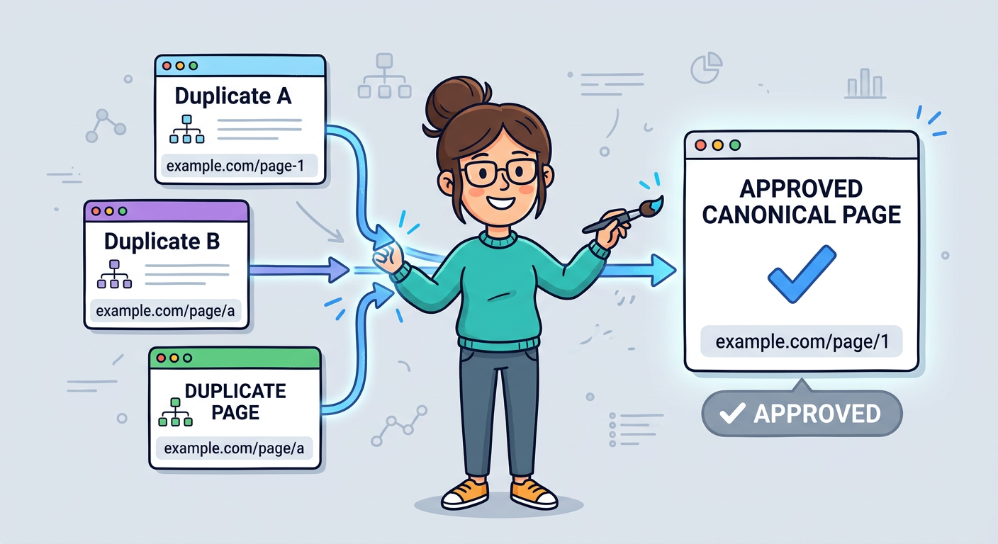 Playful flat cartoon illustration showing a friendly website owner connecting several duplicate page cards into one approv...