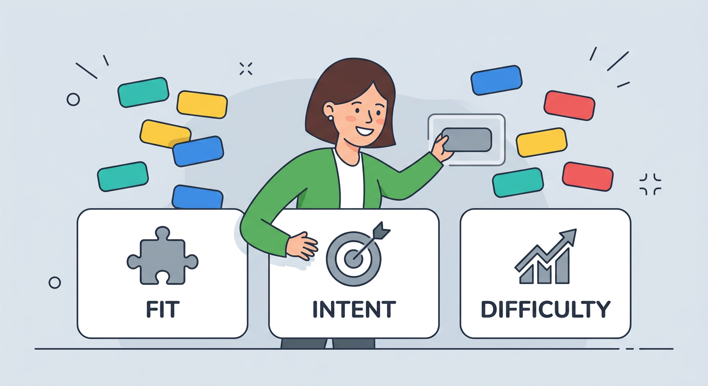 Playful flat cartoon illustration of one friendly business owner sorting floating keyword cards into three white rounded p...