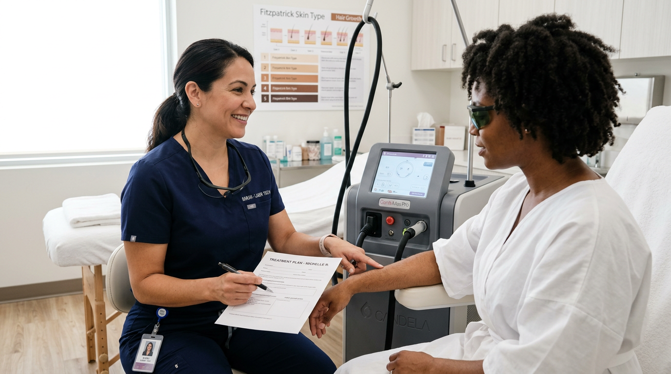 Photorealistic close-up of a knowledgeable laser technician consulting with an adult client in a clean Phoenix treatment r...
