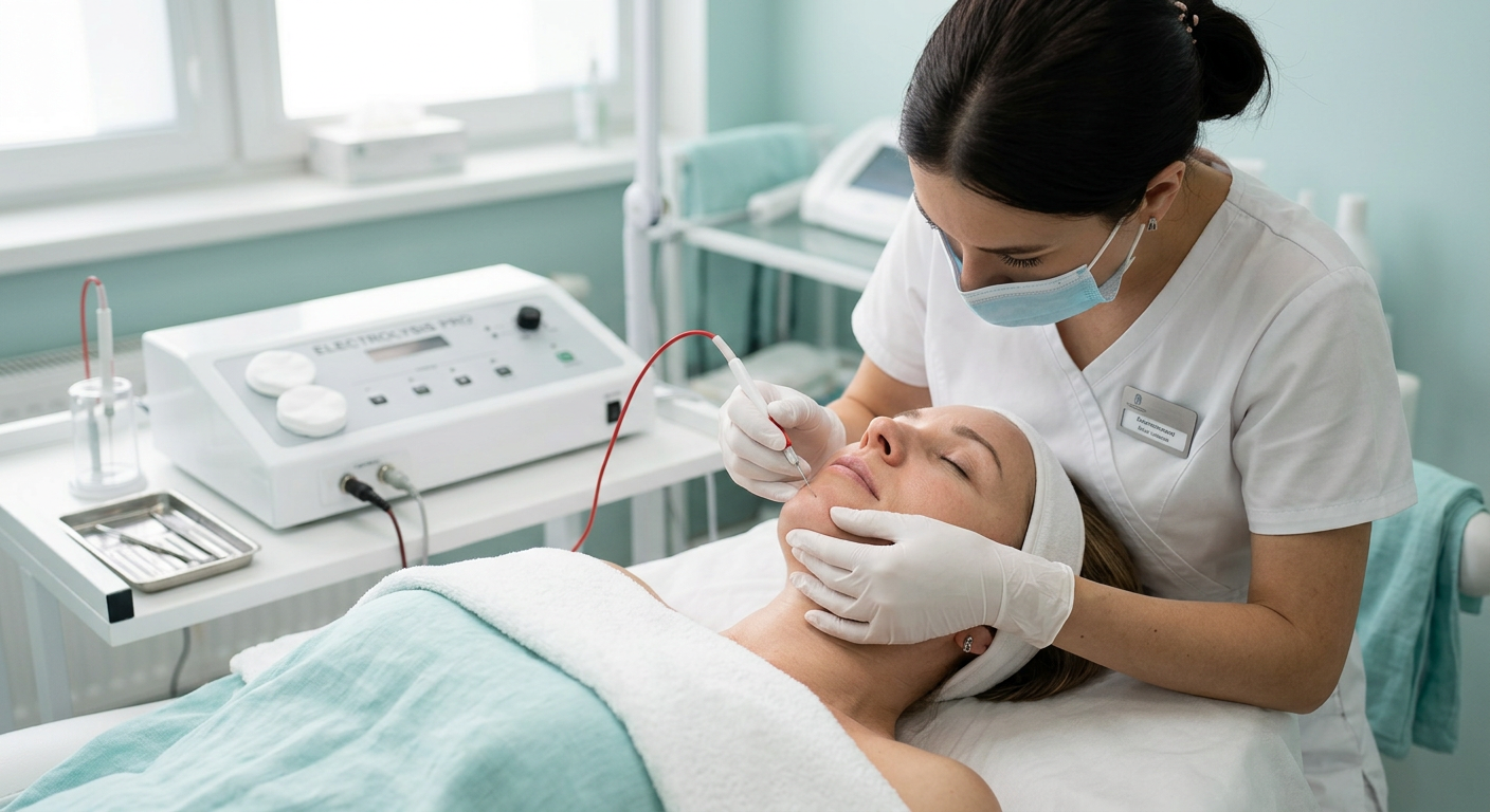 Photorealistic close-up of a skilled electrologist wearing clean professional gloves performing a precise facial electroly...