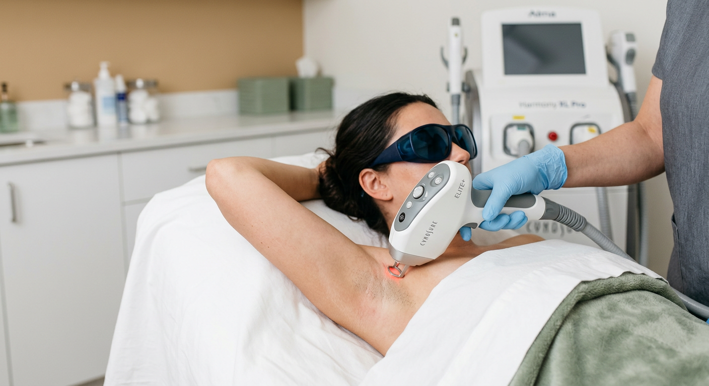 Laser Hair Removal Phoenix Cost: Prices and What Matters | Electrolysis Permanent Hair Removal in Phoenix | Senza Pelo Med Spa Photorealistic close-up of a modern laser handpiece positioned near a client’s underarm in a clean treatment room, with pr...