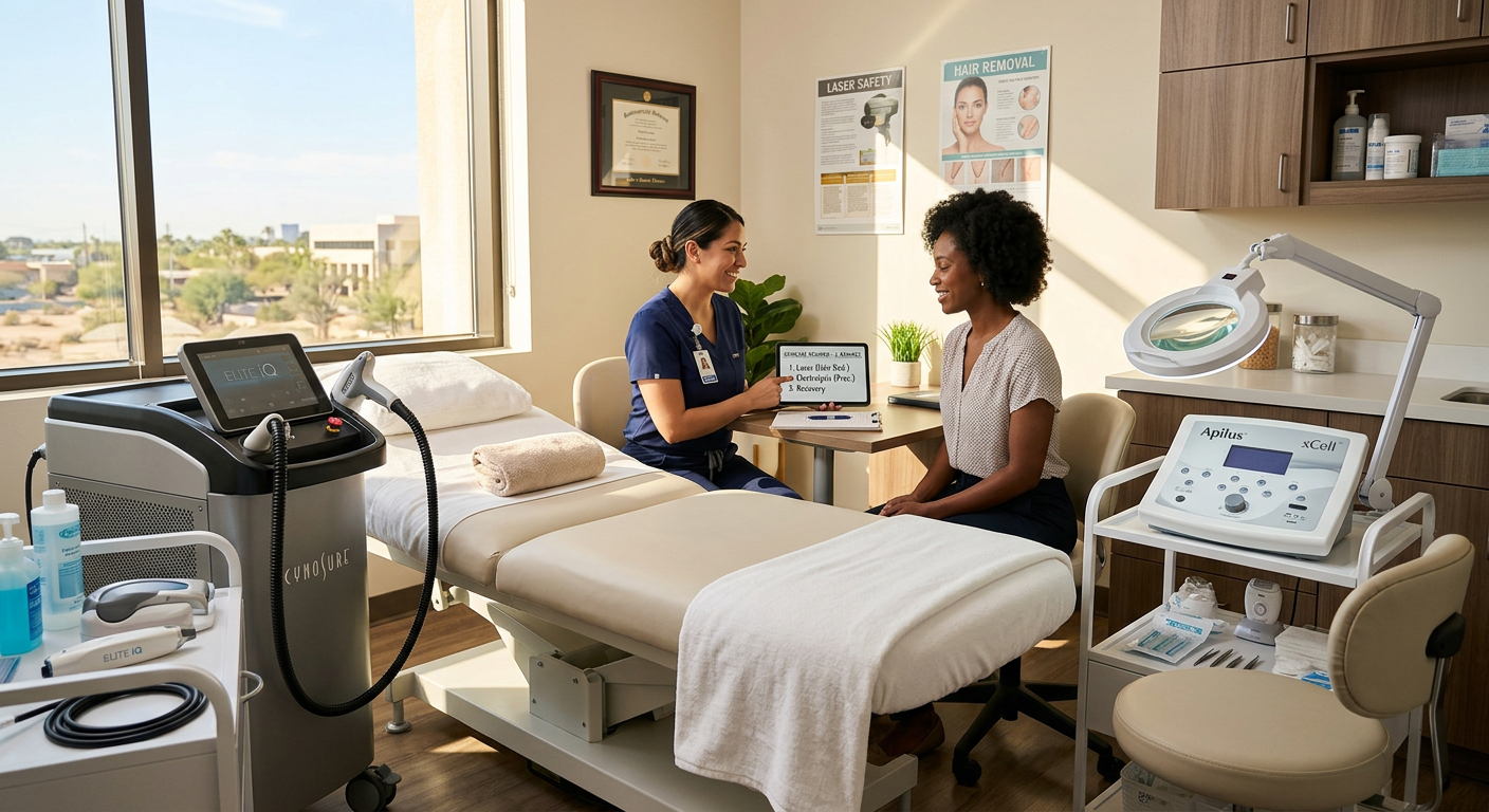 Permanent Hair Removal Cost Phoenix: Prices and Treatment Value | Electrolysis Permanent Hair Removal in Phoenix | Senza Pelo Med Spa Photorealistic treatment-room image showing a modern laser device on one side and a precise electrolysis workstation on th...