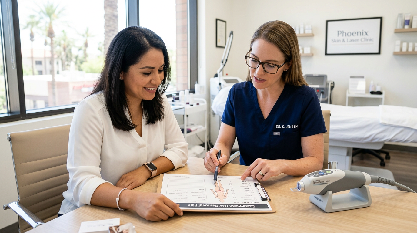 Permanent Hair Removal Cost Phoenix: Prices and Treatment Value | Electrolysis Permanent Hair Removal in Phoenix | Senza Pelo Med Spa Photorealistic close-up of a clinician reviewing a customized hair-removal plan with an adult client, with a small treatme...