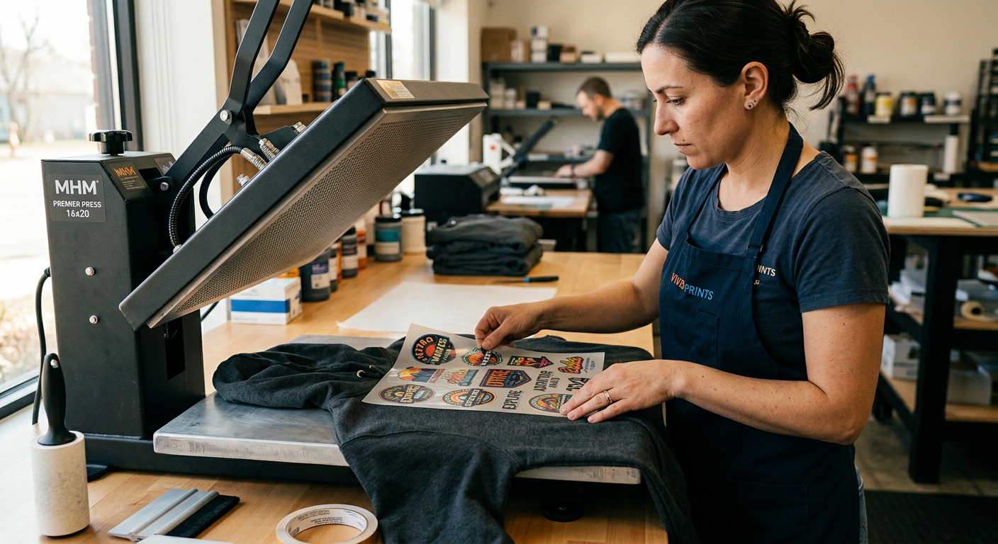 Photorealistic close-up of a print-shop owner aligning a colorful DTF gang sheet on a charcoal cotton hoodie before pressi...