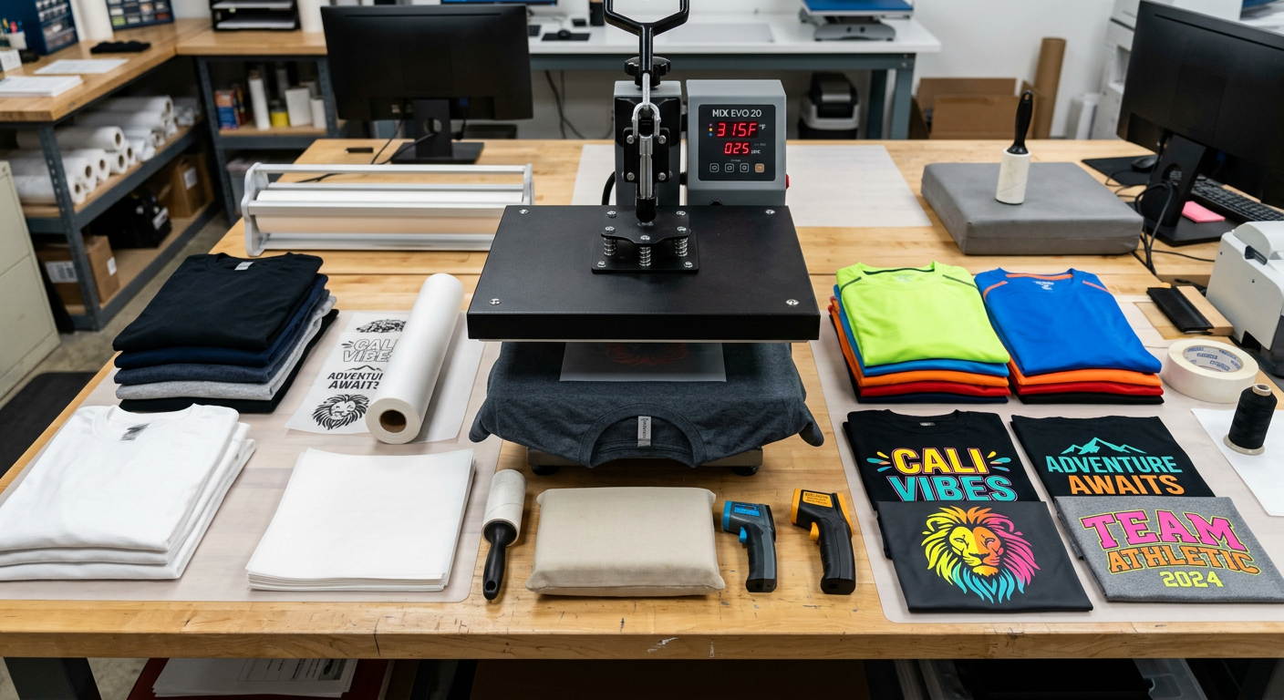 Photorealistic overhead view of a heat press station with a temperature display near 315°F, parchment paper, folded cotton...