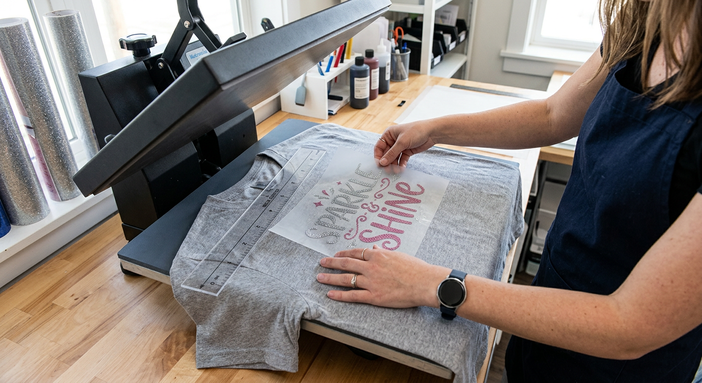 Photorealistic overhead image of a heat press operator positioning a glitter DTF transfer on a heather-gray T-shirt, align...