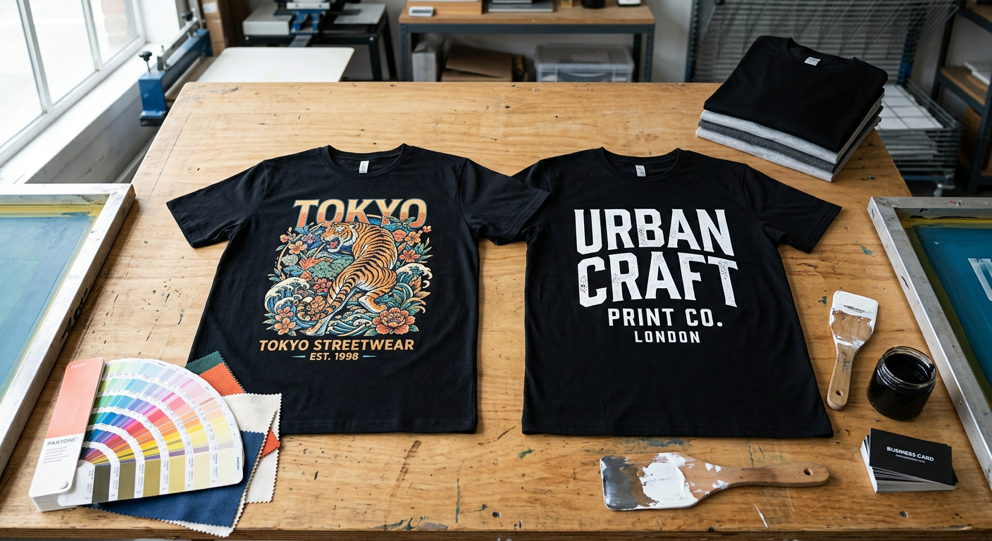 Photorealistic overhead view of two finished black T-shirts on a clean worktable, one with a detailed multicolor DTF graph...