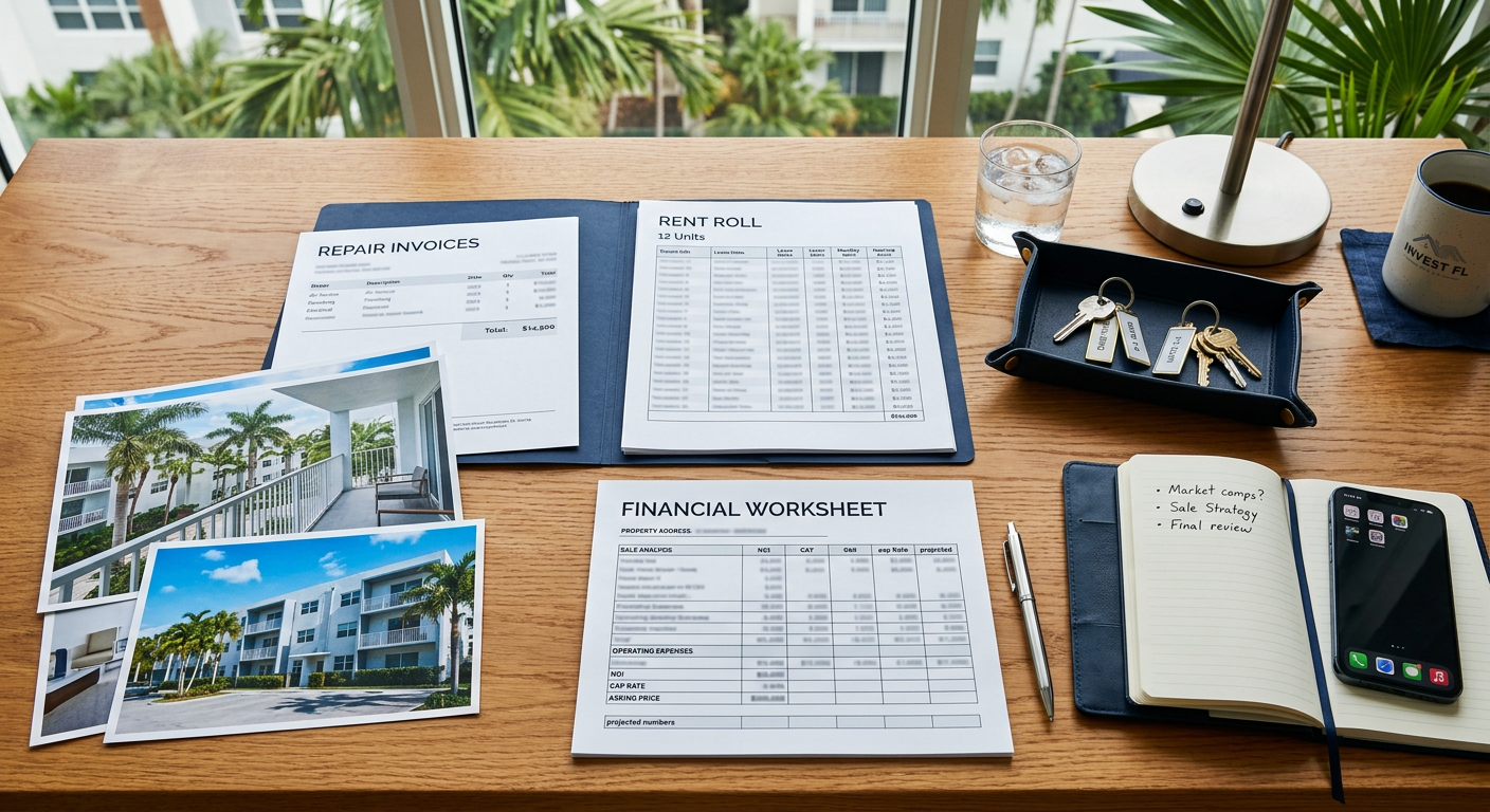Photorealistic overhead scene of an investor’s sale-planning table with a rent roll, repair invoices, property photographs...