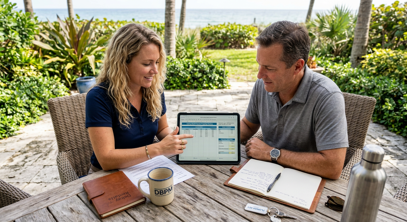 Photorealistic overhead view of a Delray Beach rental owner and local property manager reviewing a tablet with comparable ...