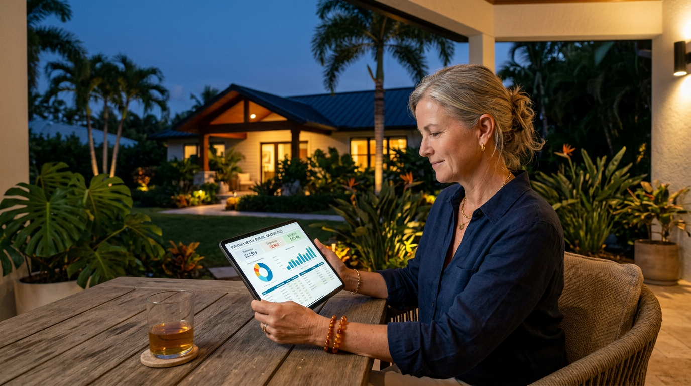 Photorealistic evening scene of a remote property owner reviewing a clear monthly rental report on a tablet while a South ...