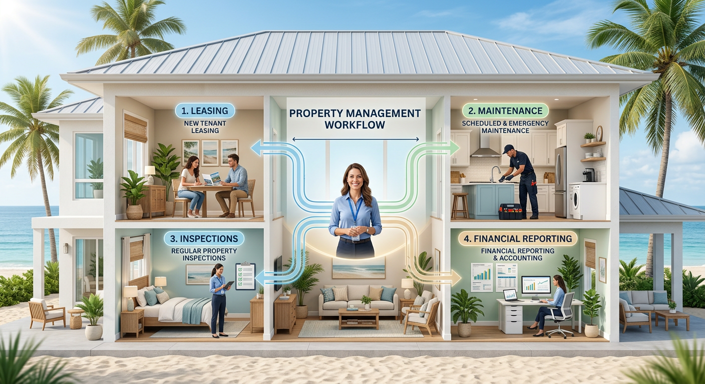 Clean modern illustration of a South Florida rental home shown in cross section with a property manager coordinating leasi...