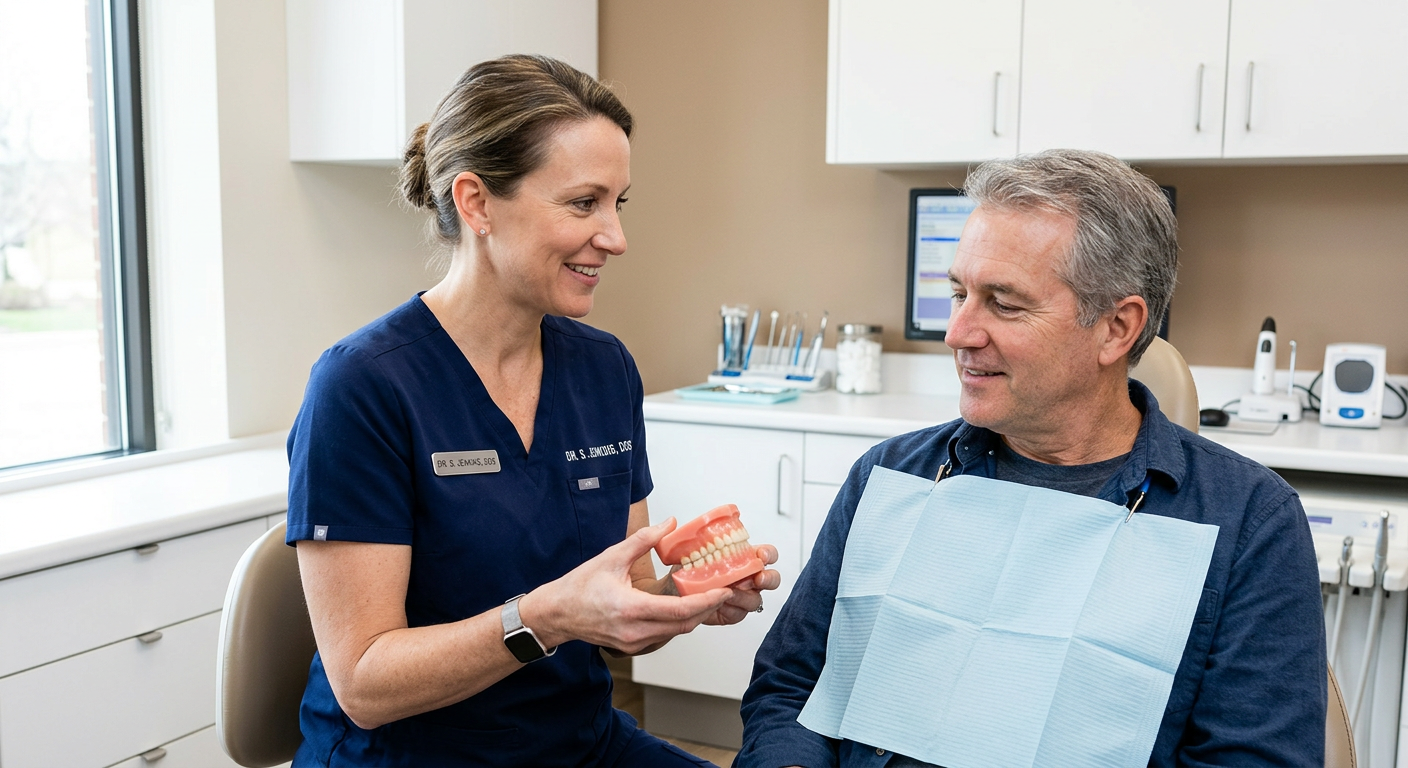 Photorealistic close-up of a female dentist holding a denture model and explaining it to an American adult patient, modern...