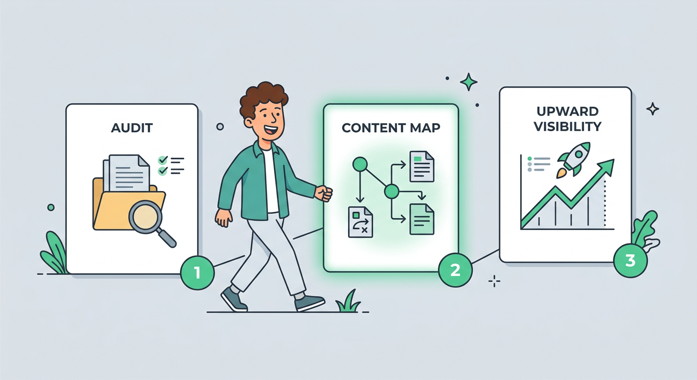 Playful flat vector illustration showing a friendly founder walking along a simple three-step path from audit card to cont...